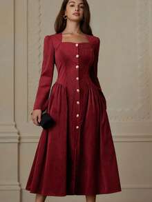 Chiquease Elegante abito lungo a maniche lunghe con vita segnata, in stile francese alla moda - Bordò - Visualizzare 4