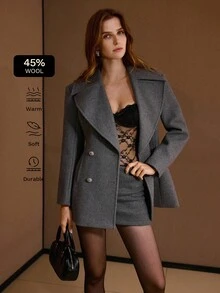 MOTF PREMIUM 秋冬季羊毛翻领双排扣大衣 - 深灰色 - 查看 2