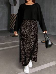 SHEIN Essnce Plus Size Casual Solid Color Long Sleeve Top And Leopard Print Dress 2-Piece Set, Autumn Leopard Skirt Skirt Long Cheetah Skirt/Winter