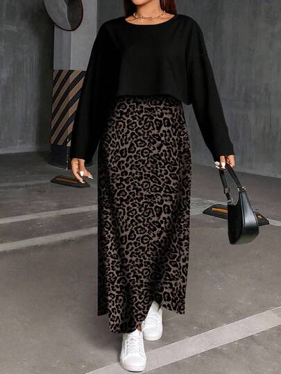 SHEIN Essnce 大码休闲纯色长袖上衣和豹纹连衣裙两件套，秋季