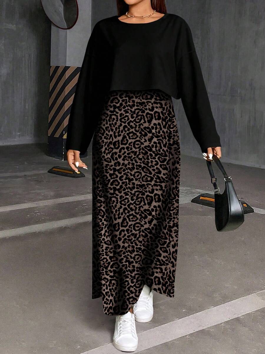 SHEIN Essnce Plus Size Casual Solid Color Long Sleeve Top And Leopard Print Dress 2-Piece Set, Autumn Leopard Skirt Skirt Long Cheetah Skirt/Winter