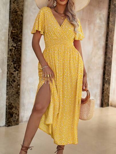 Roveilla Plus Size Women's Summer Holiday Style Ditsy Floraled Overlapping V-Neck Ruffle Short Sleeve Dress Maxi Women Outfit Yellow Maxi Dressyellow Long Dressyellow Dress Womenwomen Dresses Yellowvacation Dresses Women