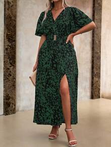 Roveilla Plus Size Women's V-Neck Leopard Print Short Sleeve Split Hem Casual Dress, For Christmas Maxi Women Outfit - Army Green - View 3