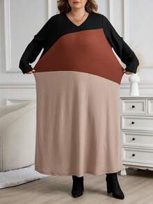 SHEIN CURVE+ Plus Size Color Block Round Neck Long Sleeve Loose Elegant Casual Dress, Autumn/Winter - Multicolor - View 7