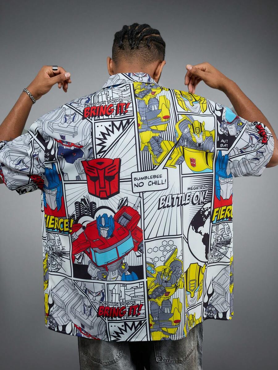 Transformers X SHEIN 男士休闲字母机器人印花短袖衬衫,夏季款 - 白色 - 查看 1