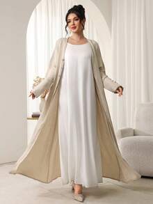 SHEIN Najma V领纽扣纹理面料肩部覆盖长袖女式长袍 - 杏色 - 查看 3