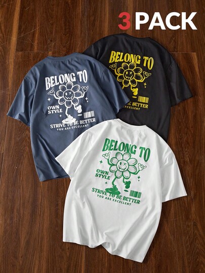 Manfinity VCAY Paquete de camisetas casuales de manga corta holgadas tejidas para hombres jóvenes, uso diario de moda