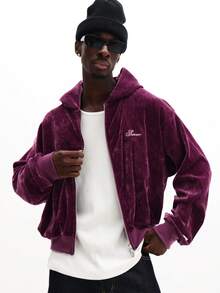 SUMWON Crop Fit Men Velour Full Zip Hoodie With Embroidered Logo Casual Streetwear Sweatshirt Winter Autumn Outerwear Plain - Purple - View 5