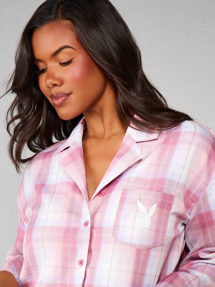 Missguided x Playboy Christmas Christmas Checkered Crop Shirt And Wide Leg Pajama Set