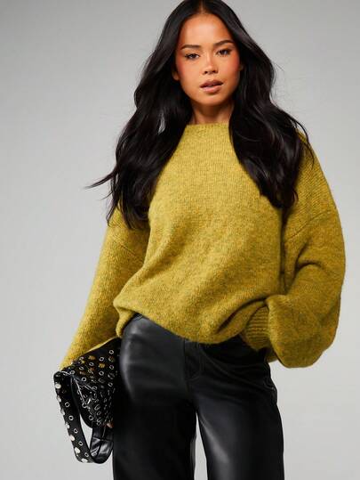 MISSGUIDED Suéter de punto mostaza oversize con cuello redondo y mangas largas para uso casual en otoño e invierno