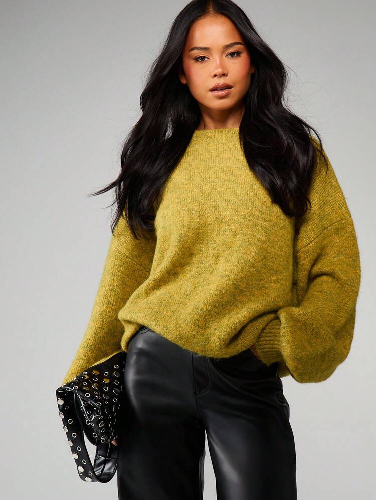 MISSGUIDED Oversized Mustard Knit Sweater With Crew Neck And Long Sleeves For Fall Winter Casual Wear