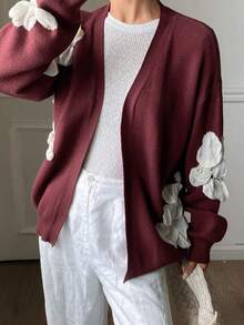 DAZY Women's Elegant Contrast Color Floral Cardigan, Autumn - Burgundy - View 5