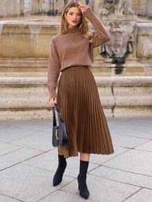 SHEIN Frenchy 女士纯色时尚优雅百搭褶裙 - 巧克力棕 - 查看 2