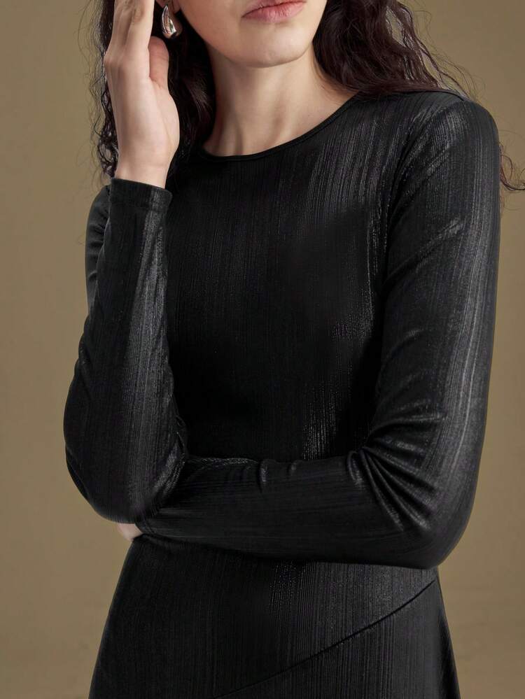 Women's Black Autumn Chic Elegant Dining Dress,Long Sleeve Knit Fabric Cinched Waist Flared Skirt,Business Commute & New Year Christmas Long Dress