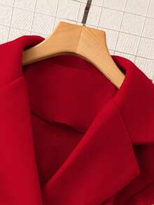 SHEIN PETITE Women's Notched Collar Cinched Waist Double-Breasted Overcoat - Red - View 3