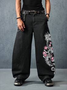 ROMWE MEN Anime Men's Fashion Street Dragon & Sakura Print Loose Wide Leg Flared Jeans, Belt Not Included - Black - View 4