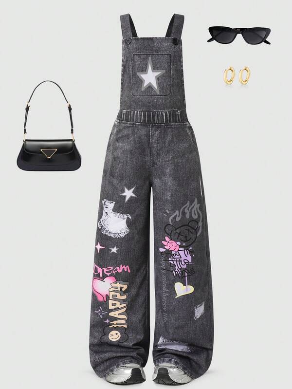 Tween Girls' Knit Star Print Overalls, Fashionable For Back To School, Personalized Outfit, Suitable For Spring, Summer, Autumn