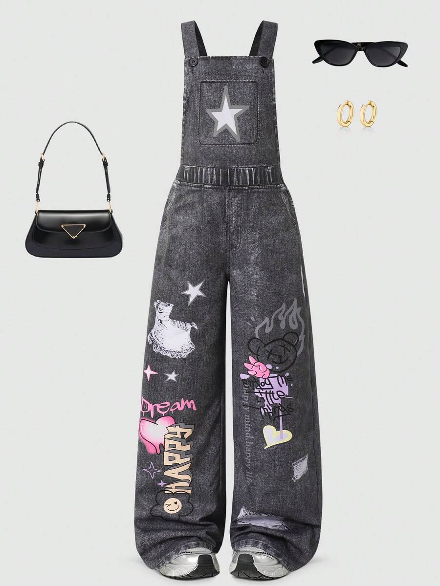 Tween Girls' Knit Star Print Overalls, Fashionable For Back To School, Personalized Outfit, Suitable For Spring, Summer, Autumn