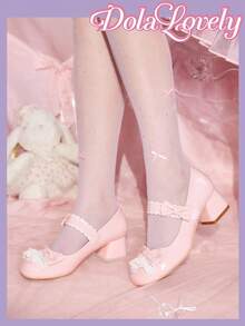 Dola Lovely Giày Mary Jane nơ cho nữ, giày cao gót mũi tròn có khóa cài, giày trắng thời trang đa năng - Hồng - Xem 3