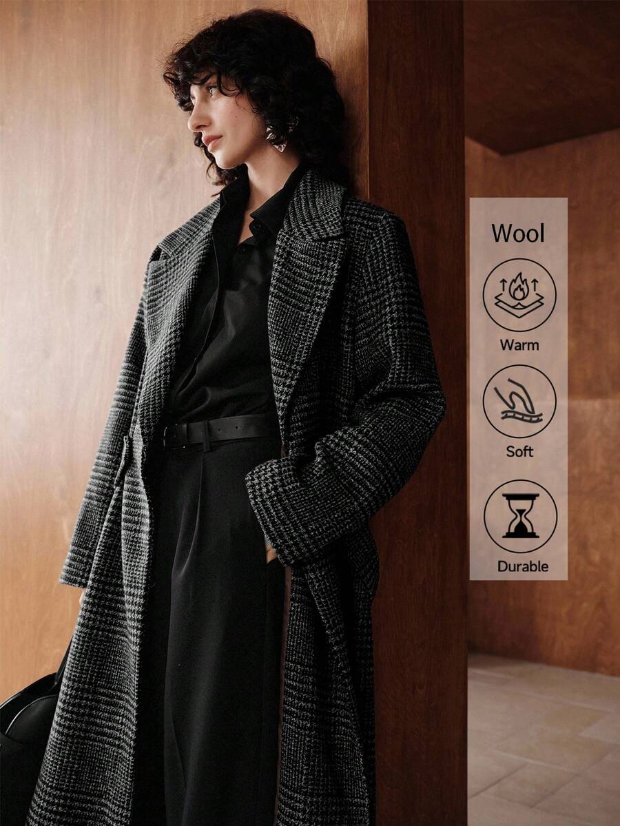 Zovinel 女式千鸟格羊毛混纺长款大衣，秋冬休闲商务通勤外套 - 黑色 - 查看 1