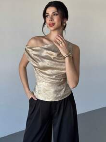 Firerie 女士新款优雅简约日常派对修身上衣，金色涂层无袖褶裥肩部修身女士新款上衣，秋冬女士度假外出衬衫上衣 - 金色 - 查看 3