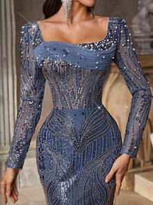 Aureia 优雅奢华串珠亮片透视长袖方领网眼拼布手工撞色串珠缀饰鱼尾下摆可调节领带正式礼服，适合派对、婚礼、庆典 - 霧霾藍 - 查看 3