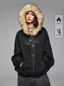 ROMWE Grunge Punk Áo nỉ cổ tròn rộng rãi thiết kế đinh tán chữ thập Punk Y2K - màu đen - Xem 2