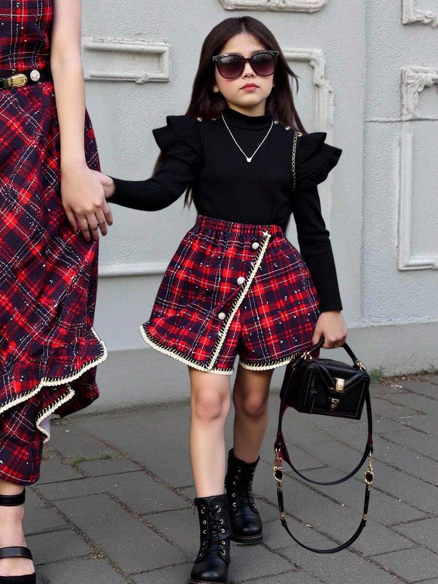 Elladie kids Girls Solid Color Ribbed Collar Ruffle Trim Long Sleeve Top + Plaid Button Decor Skort, Casual Daily Outfit - Black - View 1