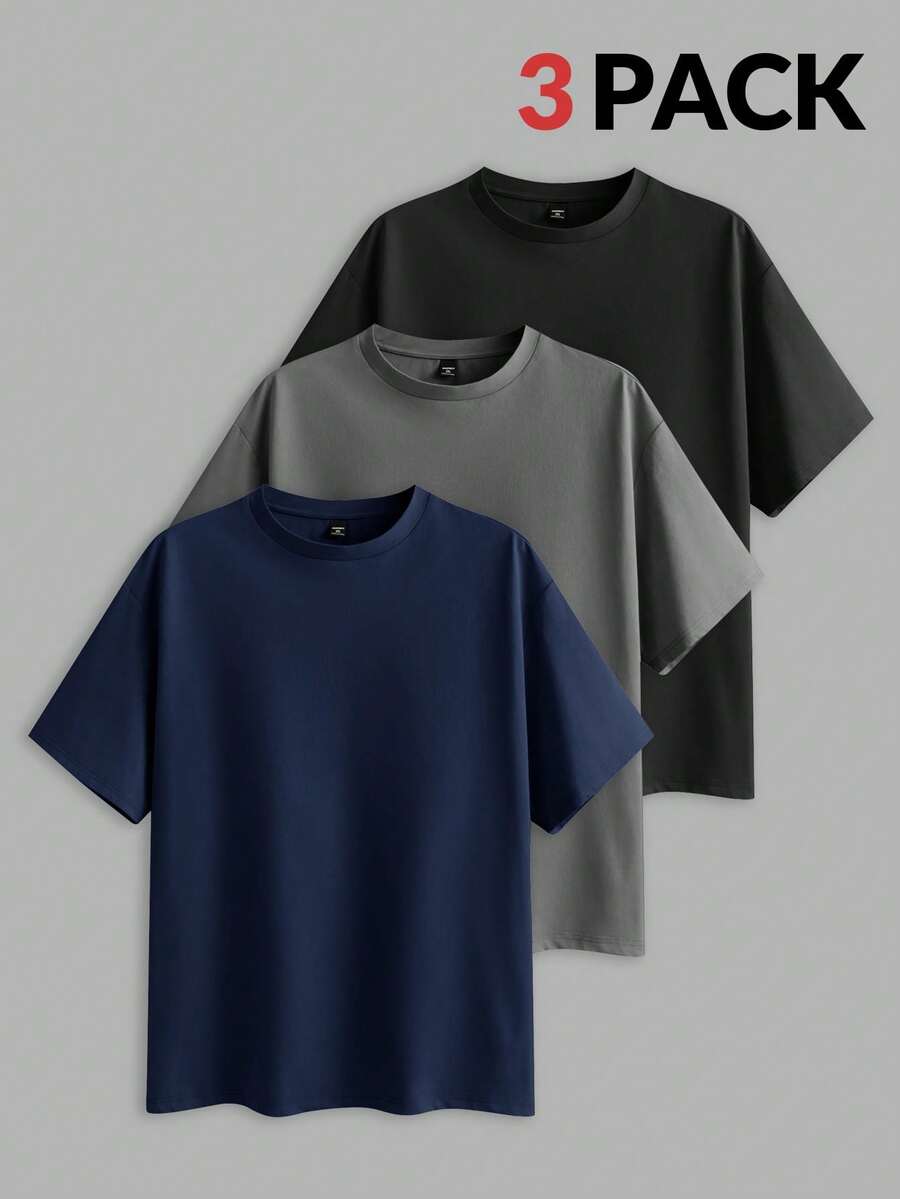 EASEVO 3pcs/Set Men's Plus Size Solid Color Fitted Crew Neck Short Sleeve T-Shirts, Casual For Summer Everyday Wear , Basic Tees - Black - View 1