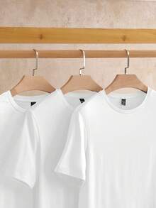 Manfinity NXTstreet 3 件装男士休闲纯色针织短袖 T 恤，适合日常穿着 - 白色 - 查看 5