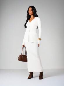 MISSGUIDED 高腰罗纹针织长款半身裙 长款直筒毛衣裙 秋冬修身包臀裙 - 白色 - 查看 3