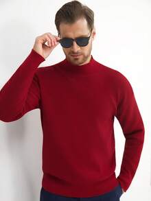 Manfinity Mode Áo len chui đầu tay dài cổ đứng màu trơn cho nam, thời trang thu/đông - Đỏ - Xem 3