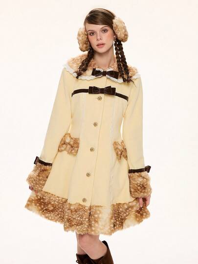 Kawaii Women's Fashionable Street Style Cute Patchwork Deer & Bow Decor Single-Breasted Cardigan, Autumn/Winter