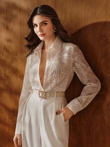 Anewsta French Luxurious Beaded & Sequin Embroidered Collar Long Sleeve Blouse For Women, Slimming & Versatile - Apricot - View 3