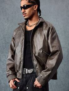 ROMWE MEN Street Life 纯色立领插肩袖休闲拉链立领仿皮夹克 - 棕色 - 查看 4