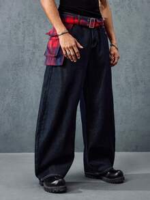 ROMWE MEN Street Life Men's Fashionable Street-Style Plaid Loose Fit Slant Pocket Distressed Jeans - Blue - View 10