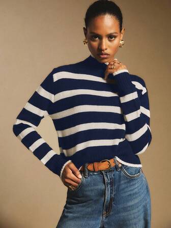 Poéselle Women's Casual Colorblock Striped Stand Collar Sweater, Autumn/Winter Jumper For Woman Pullover For Women Turtle Neck Women Sweaters For Women Navy Blue Sweater,Fall,Fall Clothes For Women,Winter Clothes For Women