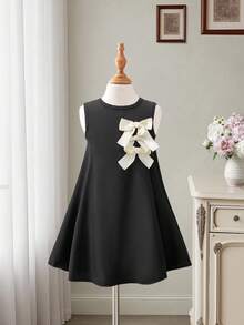 Sweetra 女童（小）无袖优雅休闲蝴蝶结设计中长连衣裙 - 黑色 - 查看 7
