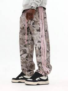 SUMWON Casual Camo Print Jogger Pants With Side Stripe Taping Streetwear Everyday Bottoms Fall Winter Fashion Relaxed Fit Wide Leg Lifestyle Trousers Modern Urban Comfort - Brown - View 5