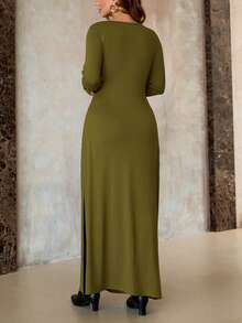 Roveilla 大码女式法式休闲优雅长袖连衣裙，秋冬款 - 橄欖綠 - 查看 3