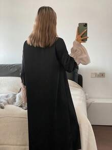 DAZY Women's Contrast Color Ruffle Hem Patchwork Nightgown, Winter, Moo Moo Night Dress - Black - View 2