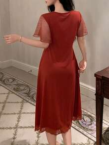 DAZY Knit Patchwork Polka Dot Mesh Lace Patchwork Waist V-Neck Women's Loungewear Dress - Redwood - View 2