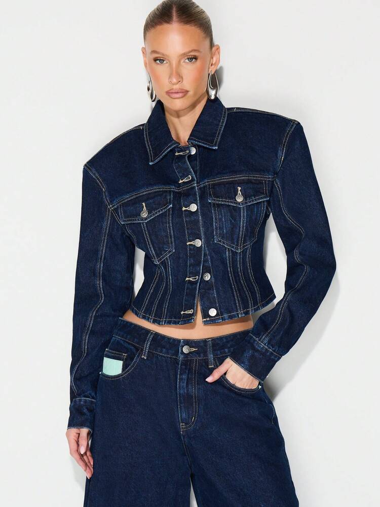 KIZN ボタン開閉とチェストポケット付きデニムクロップドジャケット、レディース秋冬アウター