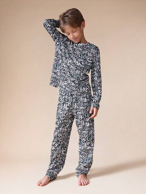  SUMWON Tween Boys Long Sleeve Football Print Pajama Set Soccer Theme Sleep Wear For Casual And Vacation