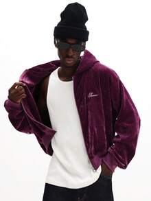 SUMWON Crop Fit Men Velour Full Zip Hoodie With Embroidered Logo Casual Streetwear Sweatshirt Winter Autumn Outerwear Plain - Purple - View 1