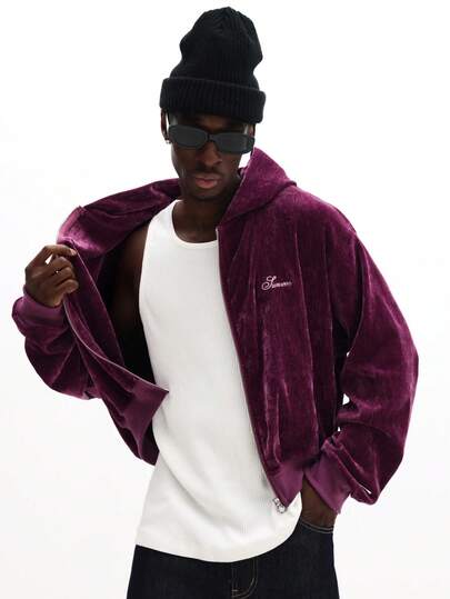  SUMWON Crop Fit Men Velour Full Zip Hoodie With Embroidered Logo Casual Streetwear Sweatshirt Winter Autumn Outerwear Plain