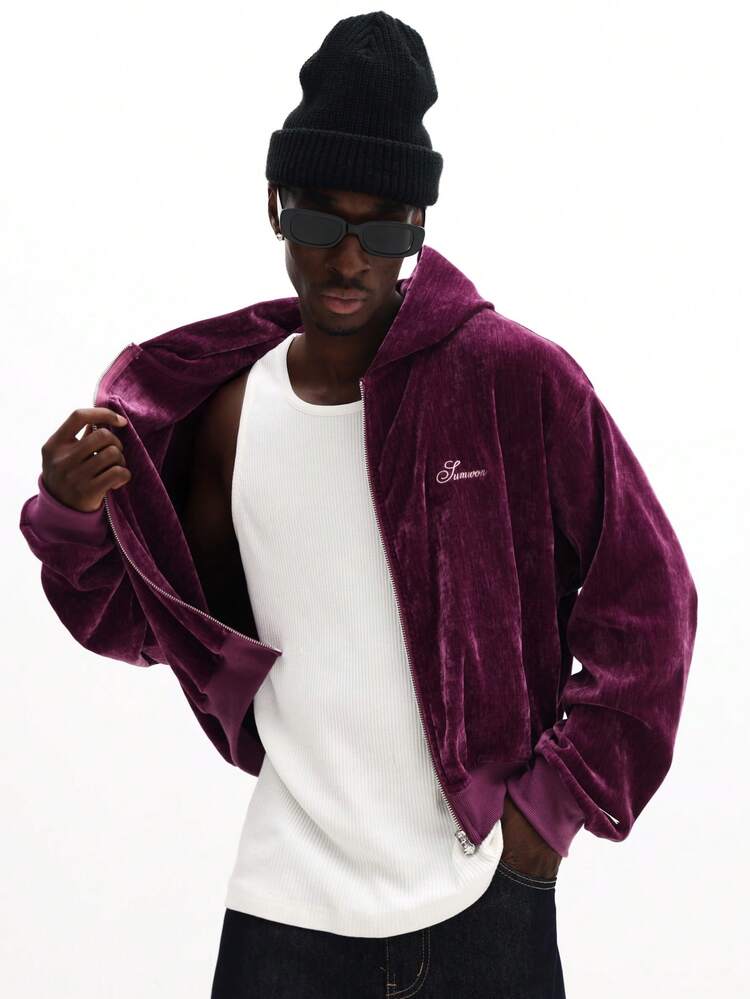 Velours-Kapuzenpullover mit durchgehendem Reißverschluss und gesticktem Logo