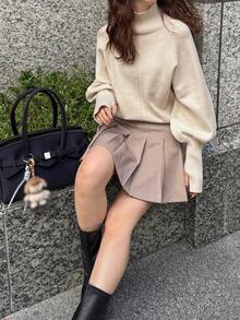 FRIFUL 女士休闲日常通勤简约纯色高领灯笼袖宽松针织衫，秋冬款 - 米色 - 查看 2