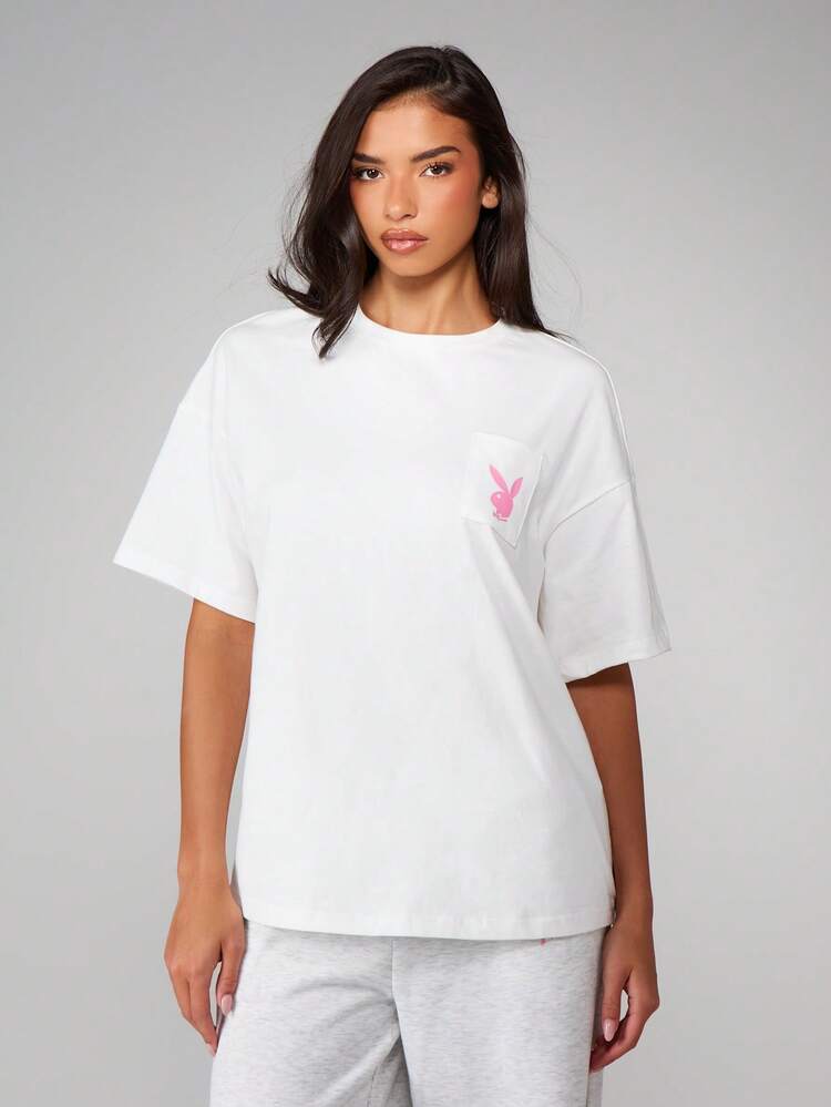 Missguided x Playboy Oversized Cotton Pocket Detail T Shirt Bunny Logo Print Short Sleeve Crew Neck Casual Streetwear Top