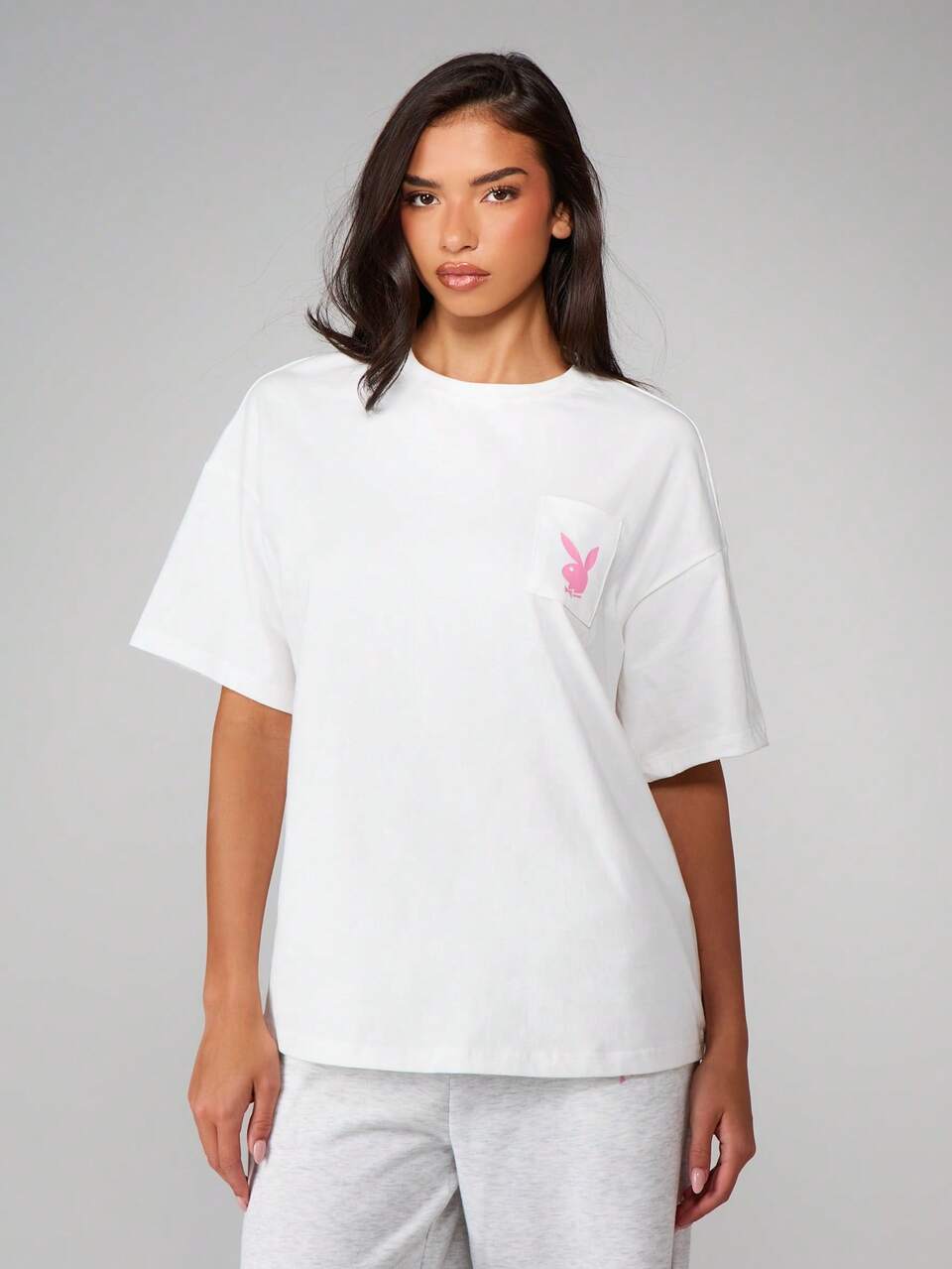 Missguided x Playboy Oversized Cotton Pocket Detail T Shirt Bunny Logo Print Short Sleeve Crew Neck Casual Streetwear Top